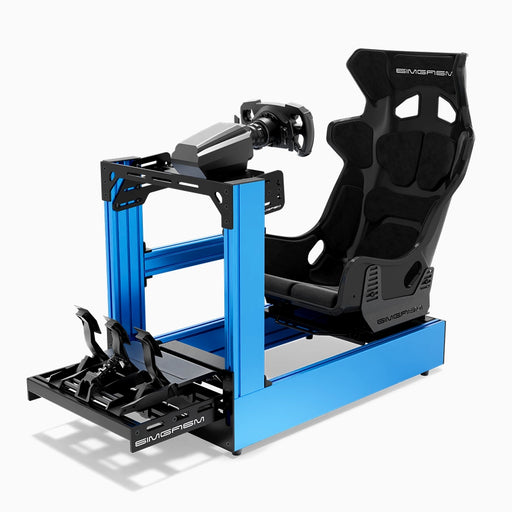 SIMGASM C160 Pro Blue aluminum sim racing cockpit with GT seat and MOZA wheelbase, steering wheel and pedals, front three-quarter view