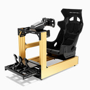 SIMGASM C160 Pro Gold aluminum sim racing cockpit with GT seat and MOZA wheelbase, steering wheel and pedals, front three-quarter view