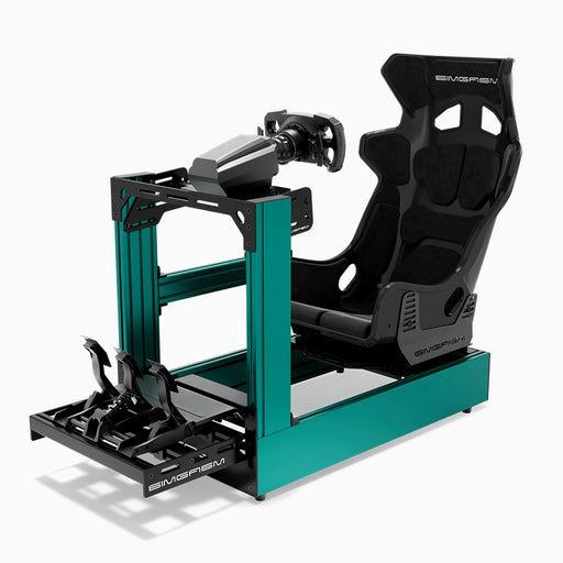 SIMGASM C160 Pro Green aluminum sim racing cockpit with GT seat and MOZA wheelbase, steering wheel and pedals, front three-quarter view