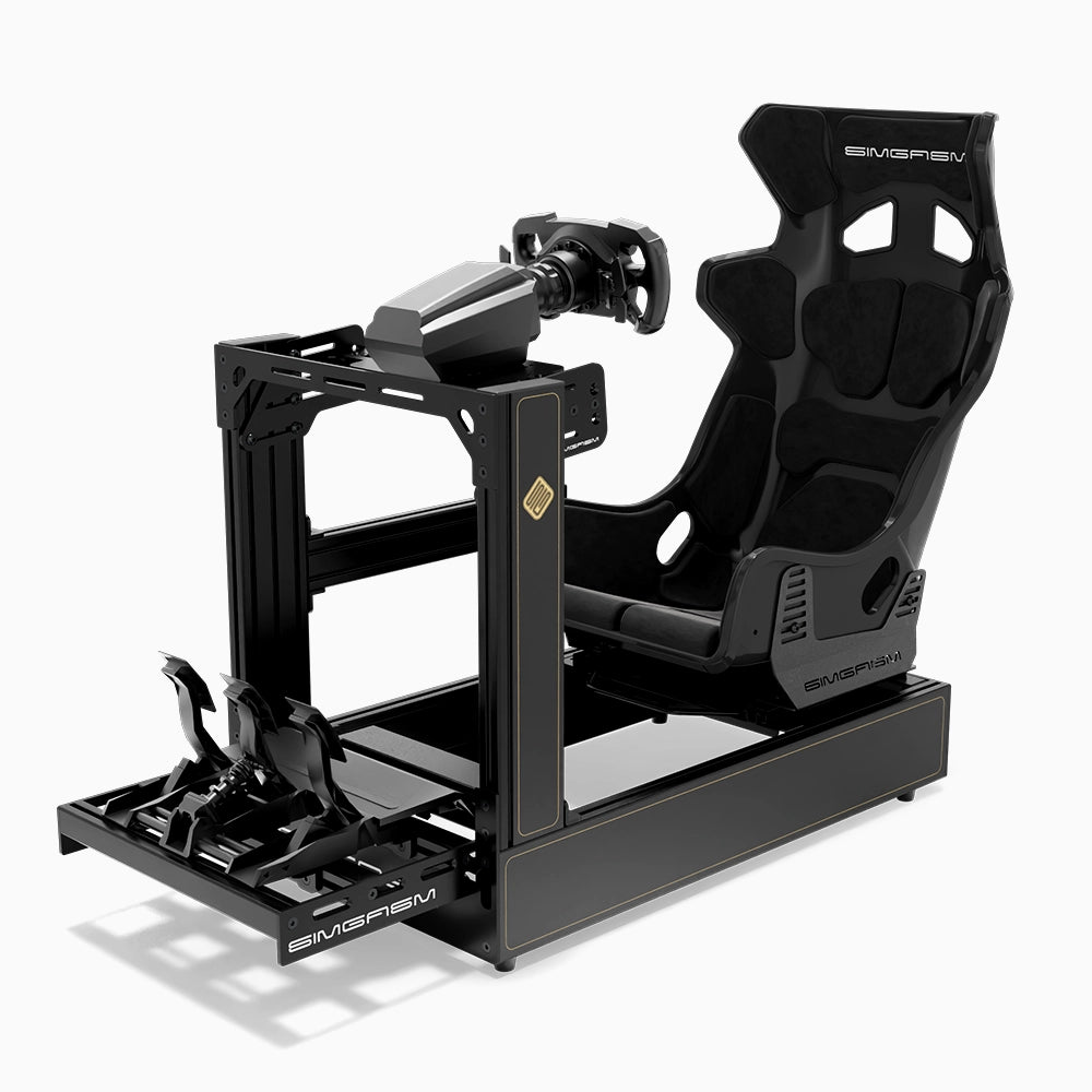 SIMGASM C160 Pro JPS aluminum sim racing cockpit with GT seat and MOZA wheelbase, steering wheel and pedals, front three-quarter view