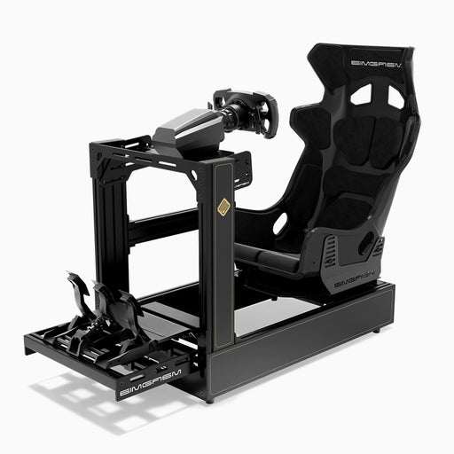 SIMGASM C160 Pro JPS aluminum sim racing cockpit with GT seat and MOZA wheelbase, steering wheel and pedals, front three-quarter view