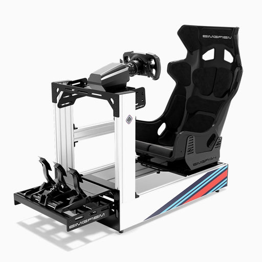 SIMGASM C160 Pro MARINI aluminum sim racing cockpit with GT seat and MOZA wheelbase, steering wheel and pedals, front three-quarter view