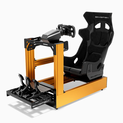 SIMGASM C160 Pro Orange aluminum sim racing cockpit with GT seat and MOZA wheelbase, steering wheel and pedals, front three-quarter view