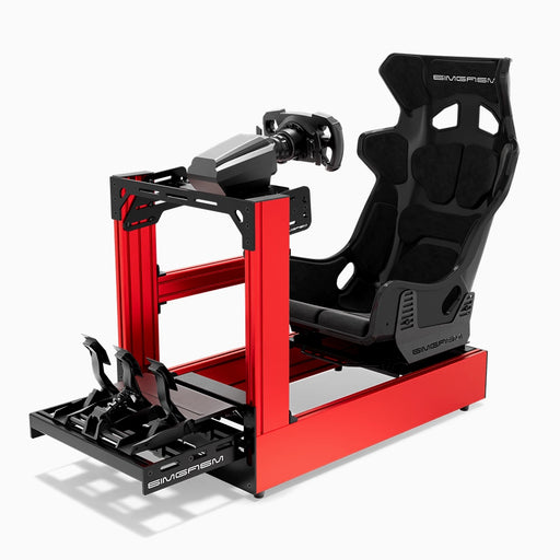 SIMGASM C160 Pro Red aluminum sim racing cockpit with GT seat and MOZA wheelbase, steering wheel and pedals, front three-quarter view