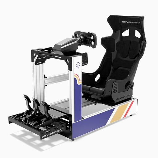 SIMGASM C160 Pro RothBros aluminum sim racing cockpit with GT seat and MOZA wheelbase, steering wheel and pedals, front three-quarter view