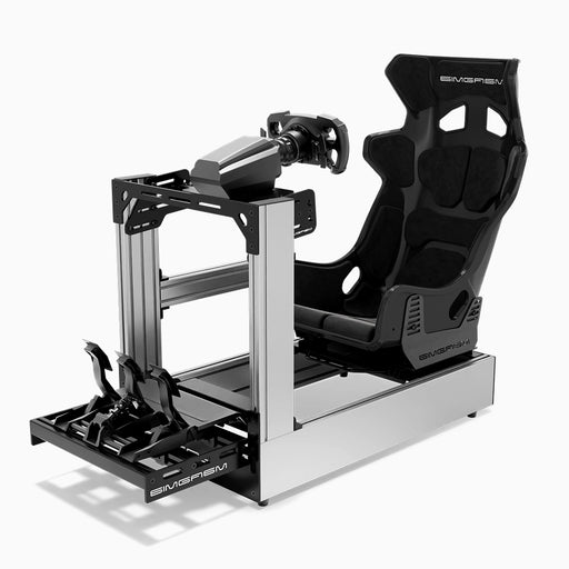 SIMGASM C160 Pro Silver aluminum sim racing cockpit with GT seat and MOZA wheelbase, steering wheel and pedals, front three-quarter view