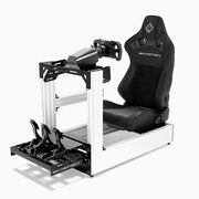 SIMGASM C160 Pro white aluminum sim racing cockpit shown with a reclining seat and MOZA hardware