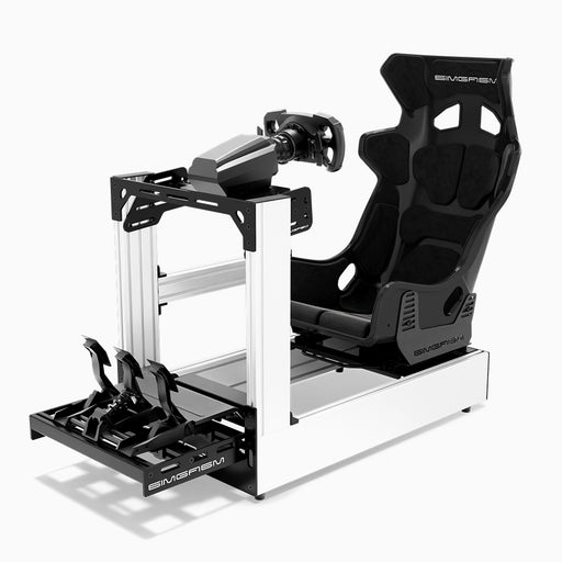 SIMGASM C160 Pro White aluminum sim racing cockpit with GT seat and MOZA wheelbase, steering wheel and pedals, front three-quarter view