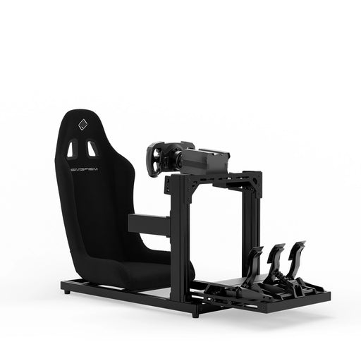 SIMGASM C40 Hobby black aluminum sim racing cockpit shown with a bucket seat and MOZA hardware