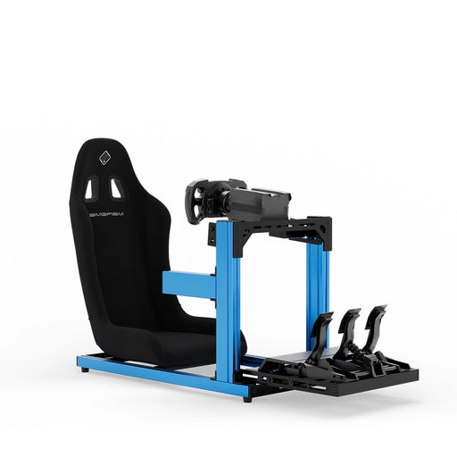 SIMGASM C40 Hobby blue aluminum sim racing cockpit shown with a bucket seat and MOZA hardware
