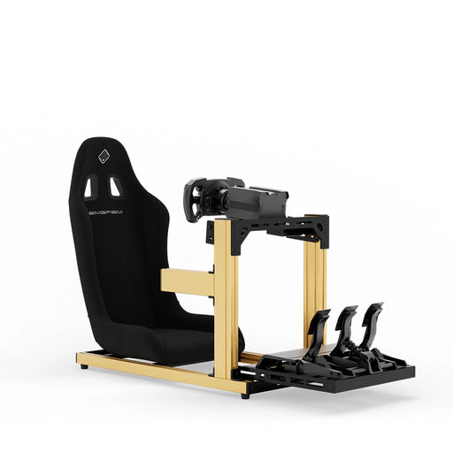 SIMGASM C40 Hobby gold aluminum sim racing cockpit shown with a bucket seat and MOZA hardware