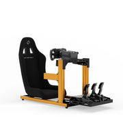 SIMGASM C40 Hobby orange aluminum sim racing cockpit shown with a bucket seat and MOZA hardware