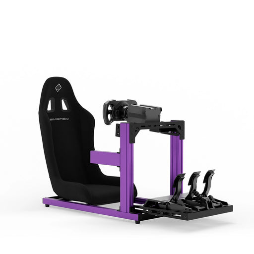 SIMGASM C40 Hobby purple aluminum sim racing cockpit shown with a bucket seat and MOZA hardware