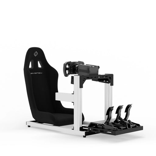 SIMGASM C40 Hobby white aluminum sim racing cockpit shown with a bucket seat and MOZA hardware