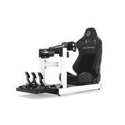 SIMGASM C80 Club white aluminum sim racing cockpit shown with a reclining seat and MOZA hardware