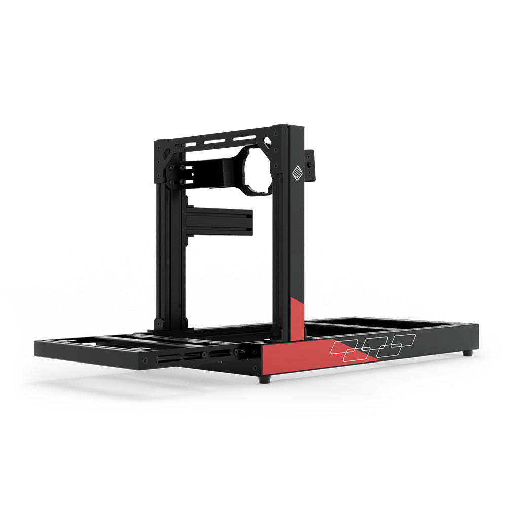 SIMGASM Club C80 Aichi Works aluminum cockpit in black and red with Asetek front wheel mount, low front three-quarter view.