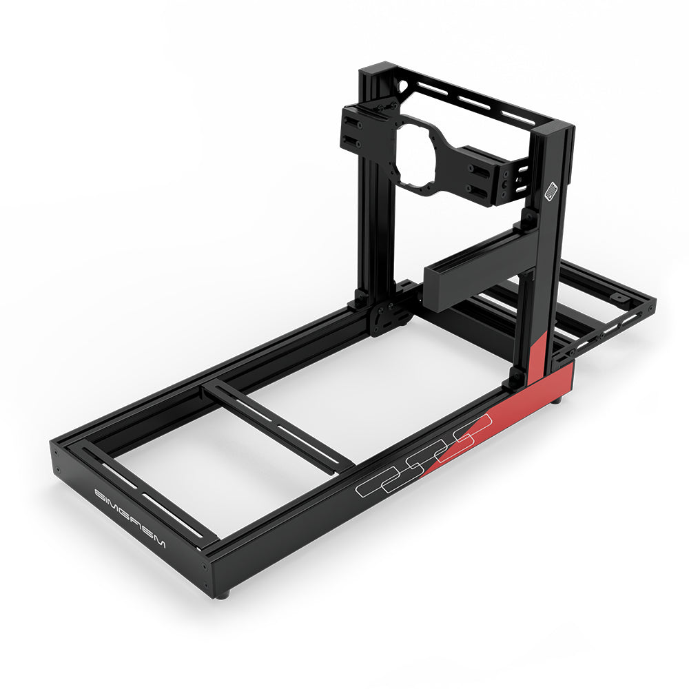 SIMGASM Club C80 Aichi Works aluminum cockpit in black and red with Asetek front wheel mount, elevated rear three-quarter view.