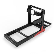 SIMGASM Club C80 Aichi Works aluminum cockpit in black and red with Asetek front wheel mount, elevated rear three-quarter view.