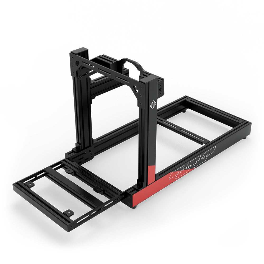 SIMGASM Club C80 Aichi Works aluminum cockpit in black and red with Asetek front wheel mount, elevated front three-quarter view.
