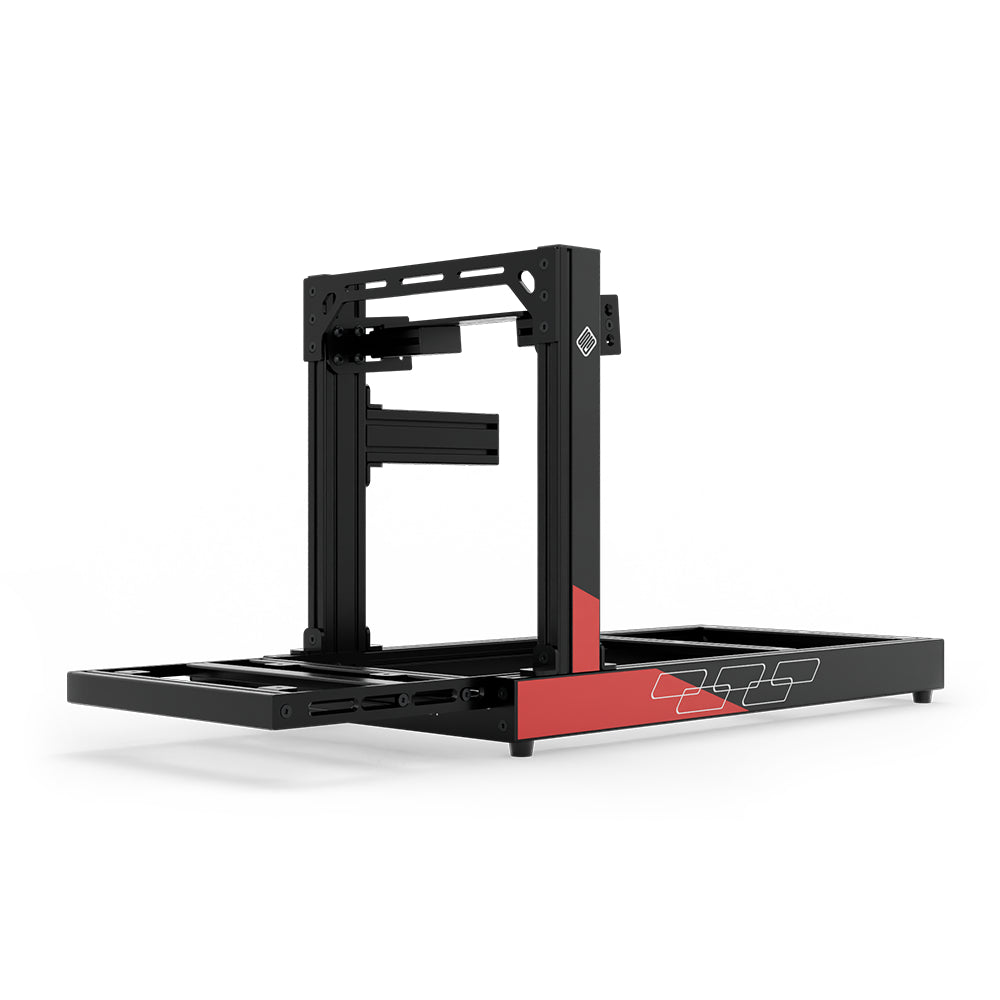 SIMGASM Club C80 Aichi Works aluminum cockpit in black and red with bottom wheel mount, low front three-quarter view.