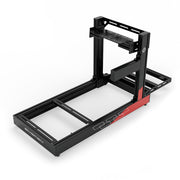 SIMGASM Club C80 Aichi Works aluminum cockpit in black and red with bottom wheel mount, elevated rear three-quarter view.