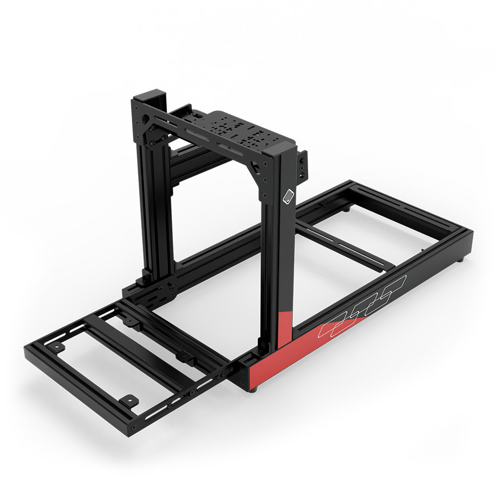 SIMGASM Club C80 Aichi Works aluminum cockpit in black and red with bottom wheel mount, elevated front three-quarter view.
