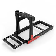 SIMGASM Club C80 Aichi Works aluminum cockpit in black and red with bottom wheel mount, elevated front three-quarter view.