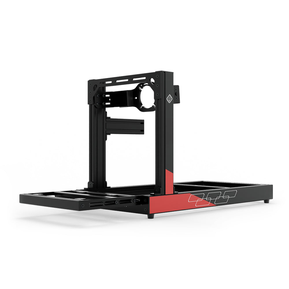 SIMGASM Club C80 Aichi Works aluminum cockpit in black and red with front wheel mount, low front three-quarter view.
