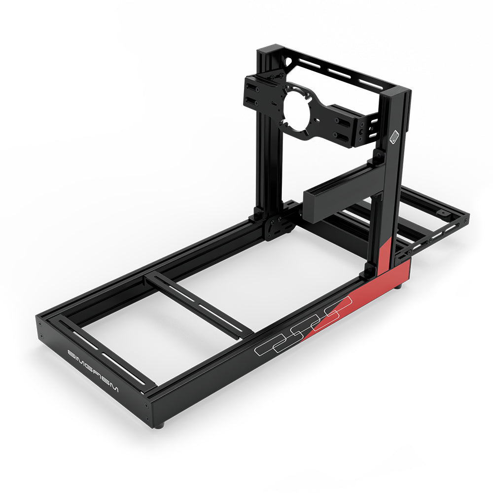 SIMGASM Club C80 Aichi Works aluminum cockpit in black and red with front wheel mount, elevated rear three-quarter view.