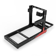 SIMGASM Club C80 Aichi Works aluminum cockpit in black and red with side wheel mount, elevated rear three-quarter view.