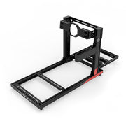 SIMGASM Hobby C40 Aichi Works aluminum cockpit in black and red with Asetek front wheel mount, elevated rear three-quarter view.