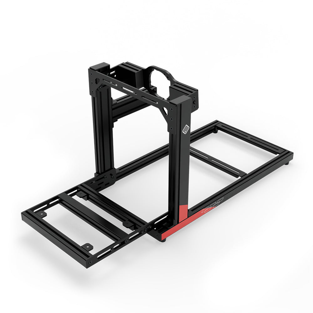 SIMGASM Hobby C40 Aichi Works aluminum cockpit in black and red with Asetek front wheel mount, elevated front three-quarter view.