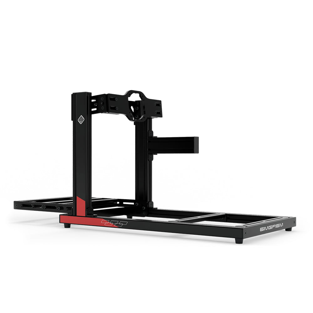 SIMGASM Hobby C40 Aichi Works aluminum cockpit in black and red with Asetek front wheel mount, low rear three-quarter view.