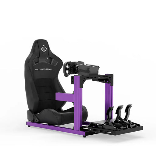 SIMGASM Hobby purple sim racing cockpit, black reclining seat and MOZA wheel base, front three-quarter studio view