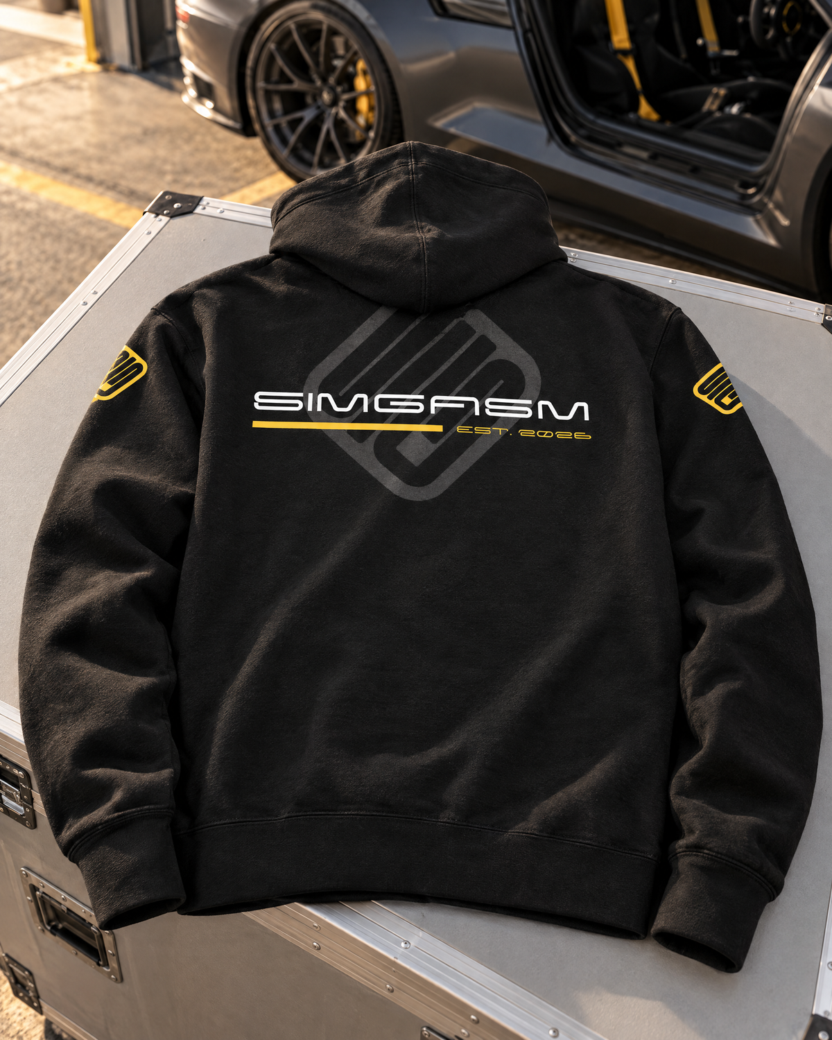 SIMGASM Clean Hoodie - car and paddock setting