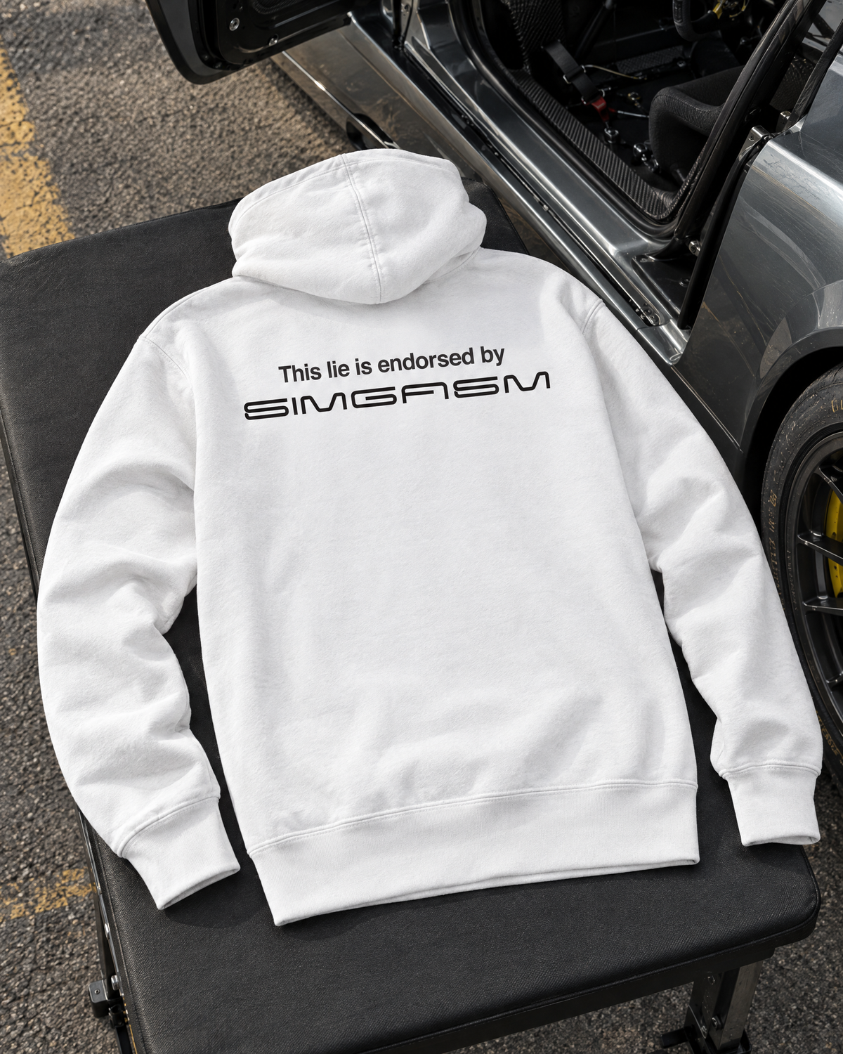 SIMGASM One More Race Hoodie - car and paddock setting