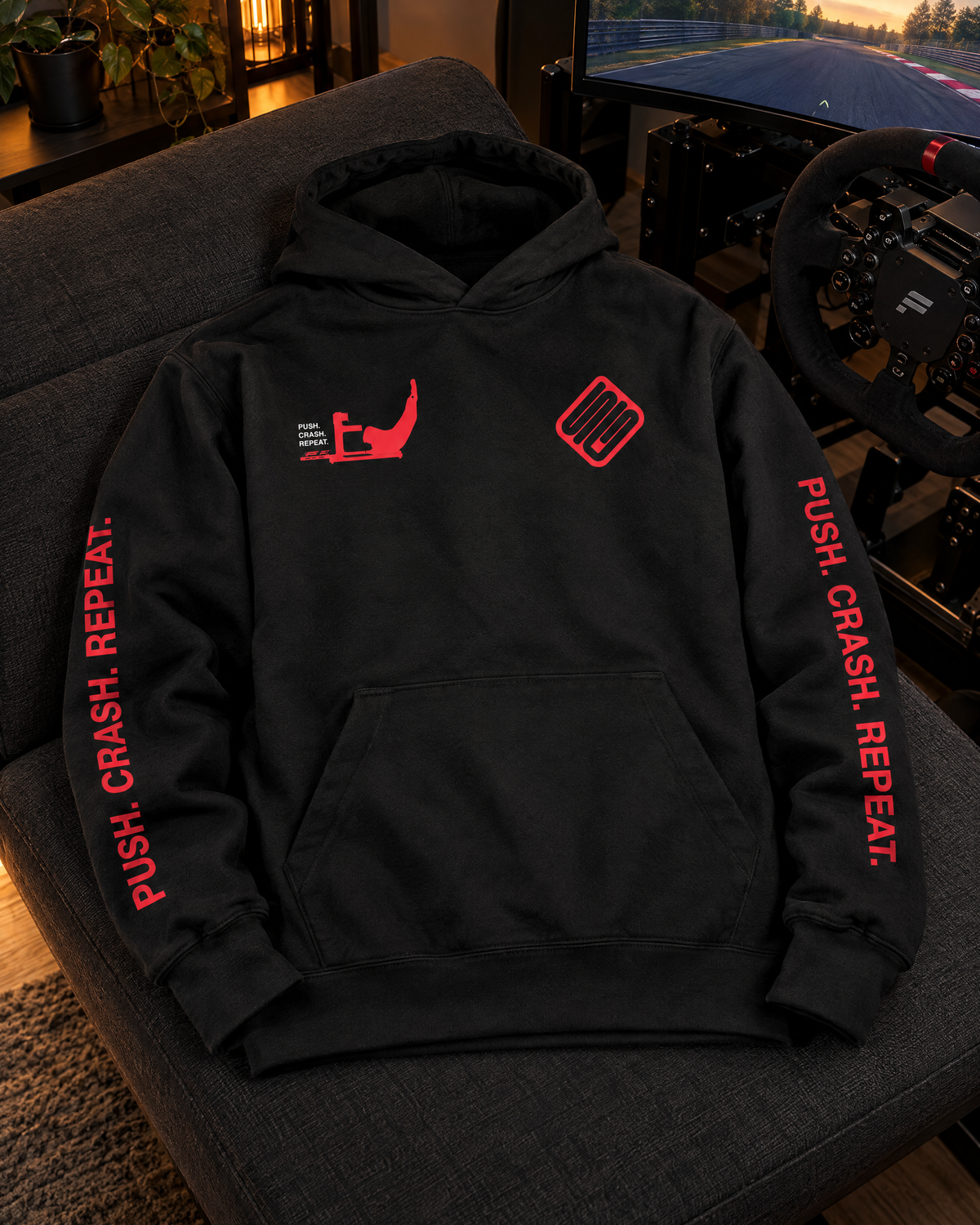 SIMGASM Push. Crash. Repeat. Hoodie - sim racing setup