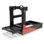 SIMGASM Pro C160 Aichi Works aluminum cockpit in black and red with Asetek front wheel mount, elevated front three-quarter view.