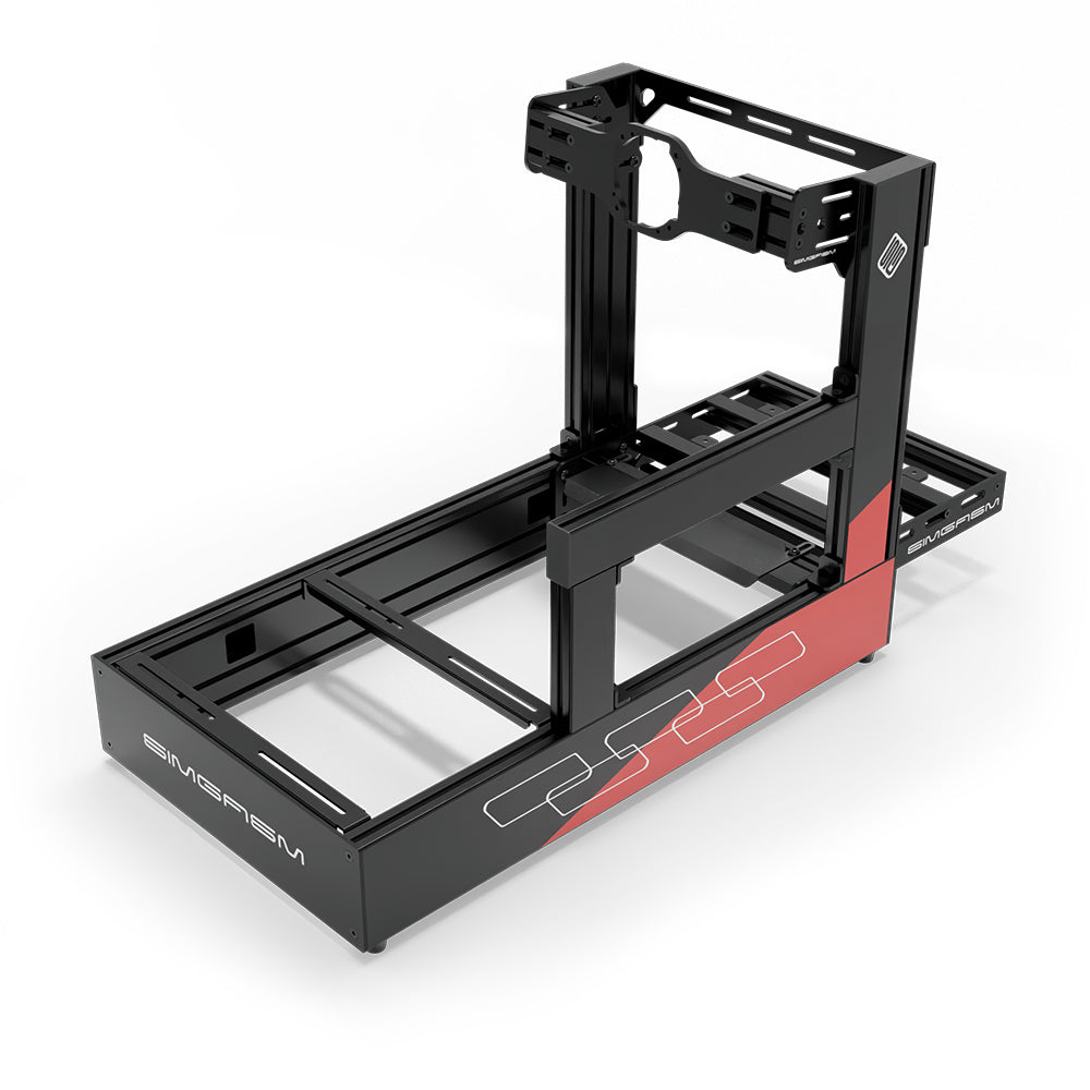 SIMGASM Pro C160 Aichi Works aluminum cockpit in black and red with Asetek front wheel mount, elevated rear three-quarter view.