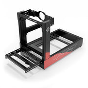SIMGASM Pro C160 Aichi Works aluminum cockpit in black and red with Asetek front wheel mount, elevated front three-quarter view.