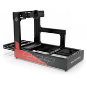 SIMGASM Pro C160 Aichi Works aluminum cockpit in black and red with Asetek front wheel mount, elevated rear three-quarter view.