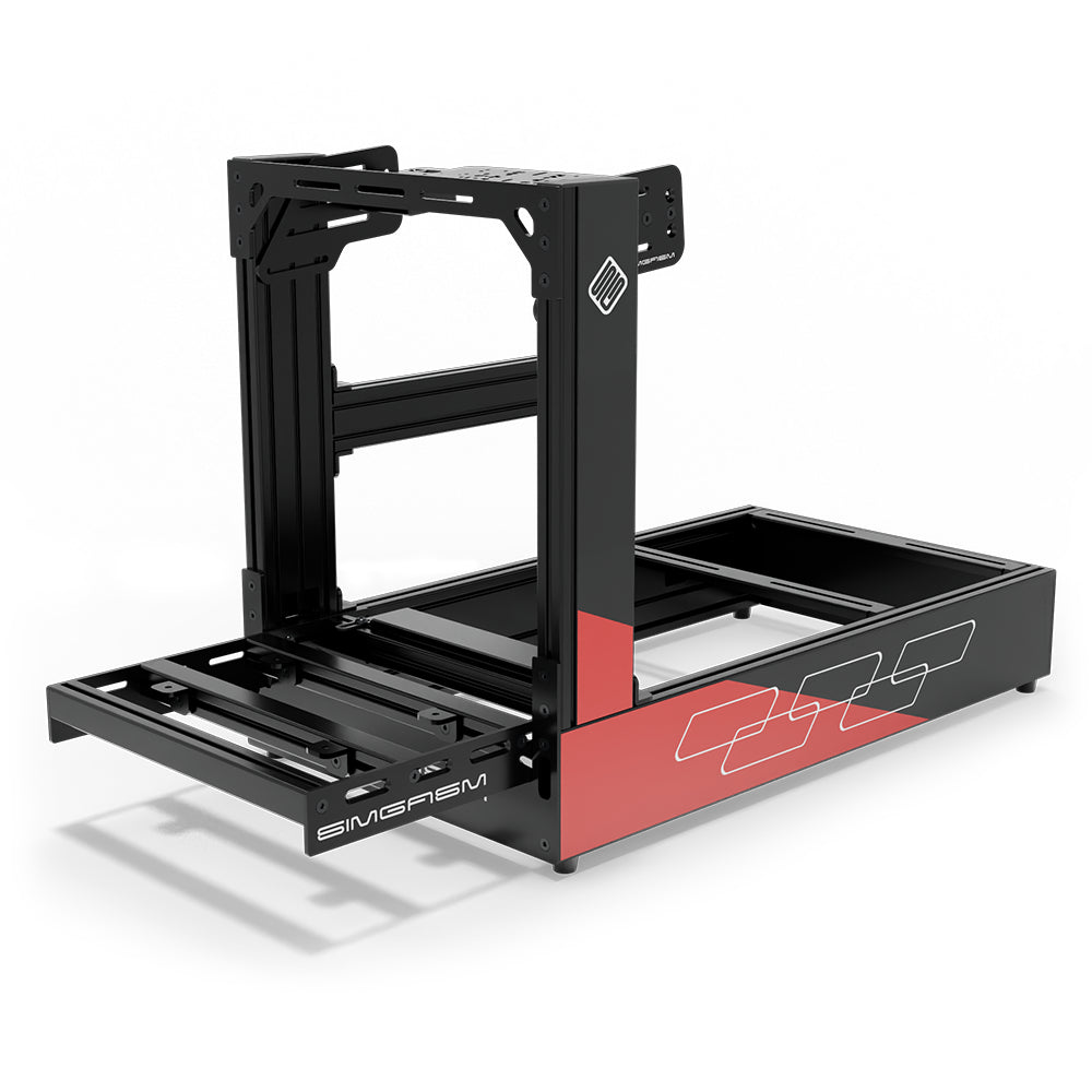 SIMGASM Pro C160 Aichi Works aluminum cockpit in black and red with bottom wheel mount, elevated front three-quarter view.