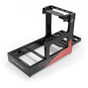 SIMGASM Pro C160 Aichi Works aluminum cockpit in black and red with bottom wheel mount, elevated rear three-quarter view.