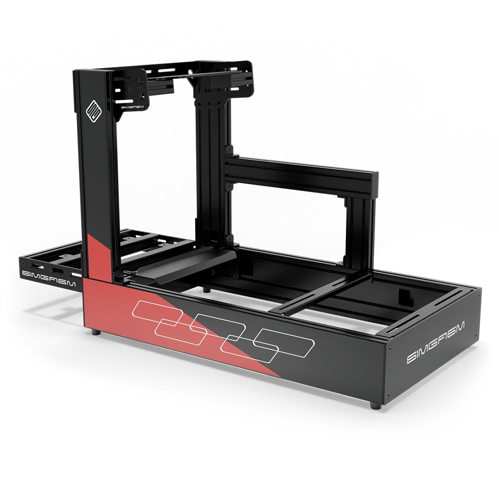 SIMGASM Pro C160 Aichi Works aluminum cockpit in black and red with bottom wheel mount, elevated rear three-quarter view.