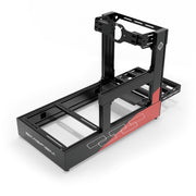 SIMGASM Pro C160 Aichi Works aluminum cockpit in black and red with front wheel mount, elevated rear three-quarter view.