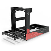 SIMGASM Pro C160 Aichi Works aluminum cockpit in black and red with side wheel mount, elevated front three-quarter view.