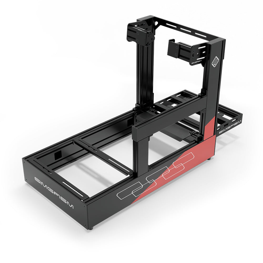 SIMGASM Pro C160 Aichi Works aluminum cockpit in black and red with side wheel mount, elevated rear three-quarter view.