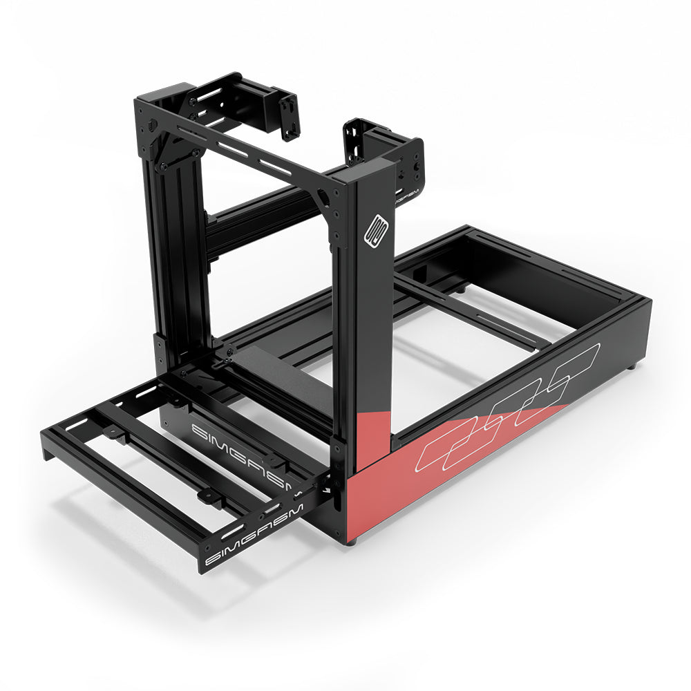 SIMGASM Pro C160 Aichi Works aluminum cockpit in black and red with side wheel mount, elevated front three-quarter view.