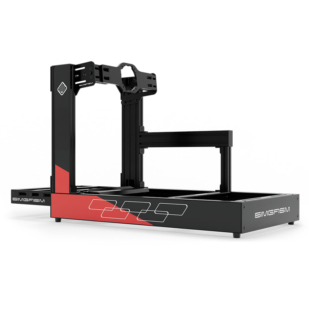 SIMGASM Sport C120 Aichi Works aluminum cockpit in black and red with Asetek front wheel mount, low rear three-quarter view.