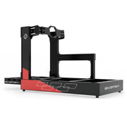 SIMGASM Sport C120 Aichi Works aluminum cockpit in black and red with Asetek front wheel mount, low rear three-quarter view.